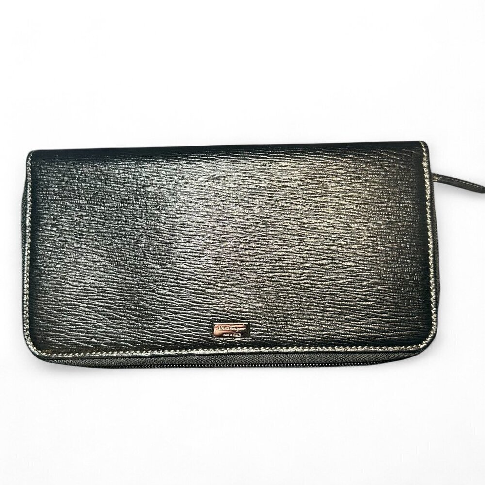 Salvatore Ferragamo Black Pebbled Leather Zippered Organizer - Like New